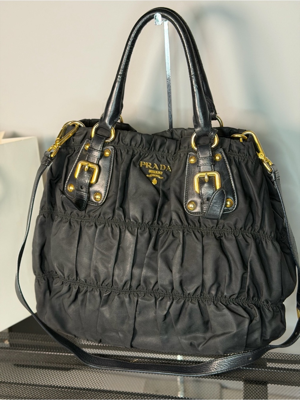 Prada Tessuto Gaufre Tote – Small/Medium Satchel – Black Nylon